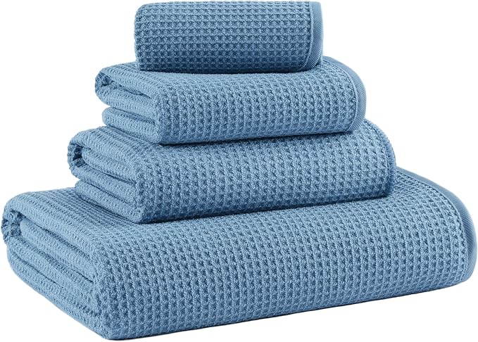 MICROFI Waffle Weave Bath Towel Set, Microfiber, 4 Pieces (Body/Hair/Hand/Face), Quick Dry, Lightweight, Super Absorbent, Lint Free, 380 GSM (Blue)