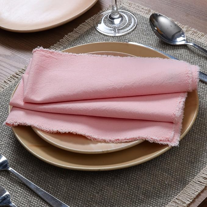 Ramanta Home Cloth Napkins Set of 12 Pink 18x18 Inch - Spring Soft & Durable Frayed Dinner Napkin for Easter Wedding, Birthday Parties | Heavy Weight Fabric Table Linen for Everyday Use Family Dinners