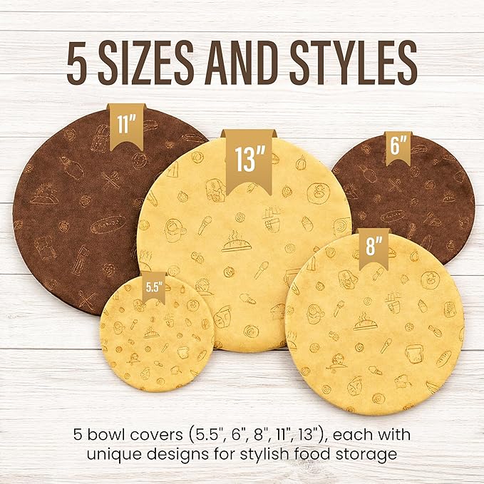 Beeswax Bowl Covers Set of 5 – Reusable Elastic Shower Caps for Sourdough Bread Proofing & Dough Rising – Washable Organic Cotton Cloth Food Storage Covers, Plastic Wrap Alternative (5.5"–13")