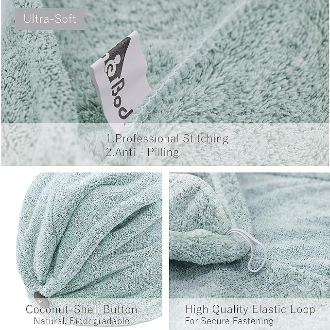 myHomeBody Hair Towel Wrap, Quick Drying Turban, Absorbent Cap – Green | Hair Turban Towel for wet hair, Ultra Soft Charcoal Fiber Cap, Towel Head Wrap for bathing with Coconut Shell Button