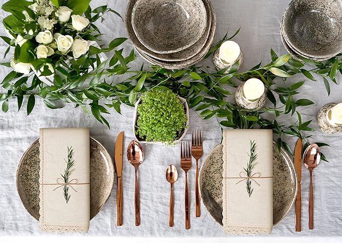Ramanta Home Decorative Cloth Dinner Napkins Set of 4, 20x20 Inch Natural Lace Flax Cotton Napkins with Mitered Corners, Oversized Use, Parties, Weddings, Spring, Easter Cloth Napkins