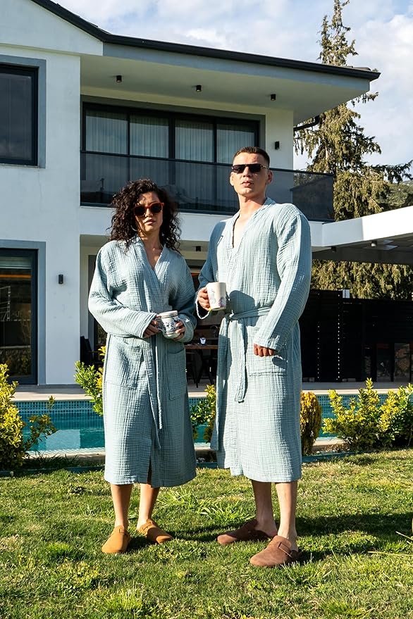 Muslin Unisex Bathrobe Women & Men, 100% Cotton Kimono Lightweight Robe | Long Robes Soft, Absorbent, Spa robes