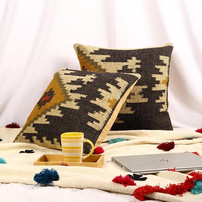 Trade Star Set of 2 Kilim Cushion Cover 70% Jute 30% Wool Pillow Shams Throw Pillow Cover 18x18 Inches Decorative Designer Cushion Cover Handwoven Rug Decorative Pillowcase (Kilim 6)