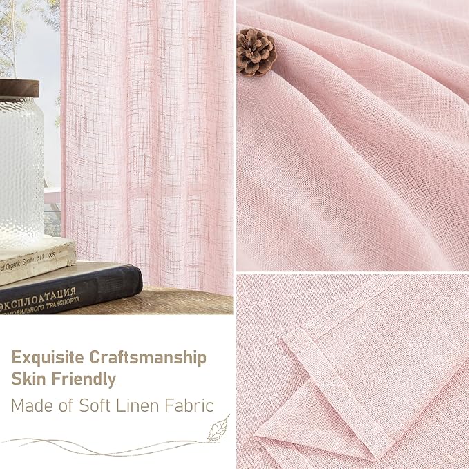 LAMIT Pink Linen Curtains for Living Room 96 Inches, Back Tab and Rod Pocket Semi Sheer Panels Light Filtering Farmhouse Drapes for Bedroom/Girl's Room, Set of 2, 52 x 96 Inch