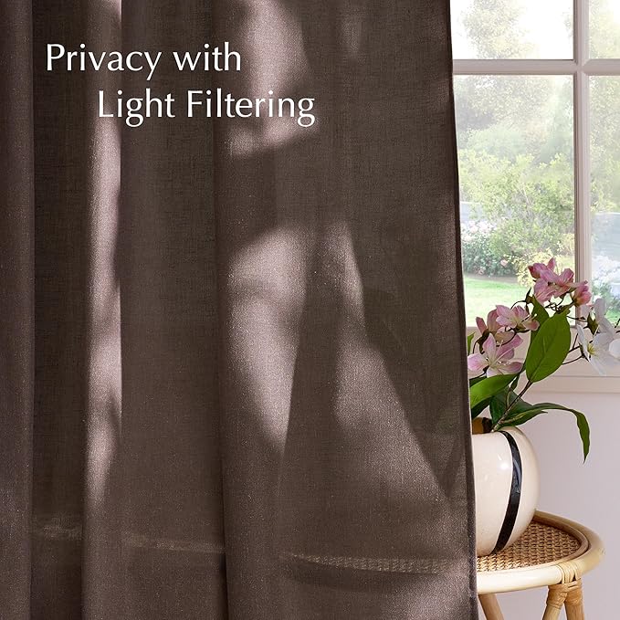 NICETOWN Linen Brown Curtains 102 inches Long for Bedroom, Rod Pocket & Back Tab Privacy Added with Light Filtering Thick Flax Linen Burlap Window Treatments for Living Room, W55 x L102, 2 Panels