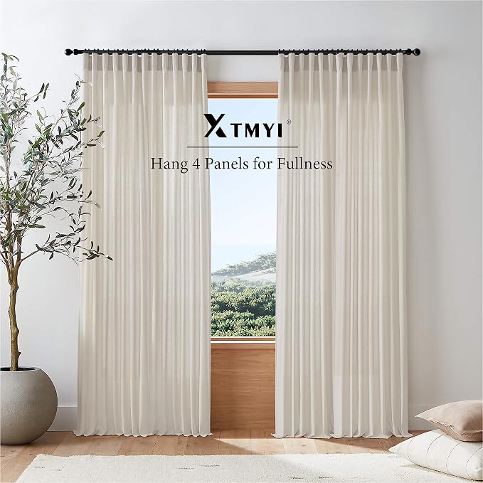 XTMYI 70 Inches Wide Country Curtains for Living Room,Sheer Linen Shabby Chic Curtains for Bedroom Oatmeal 108 Inches Long