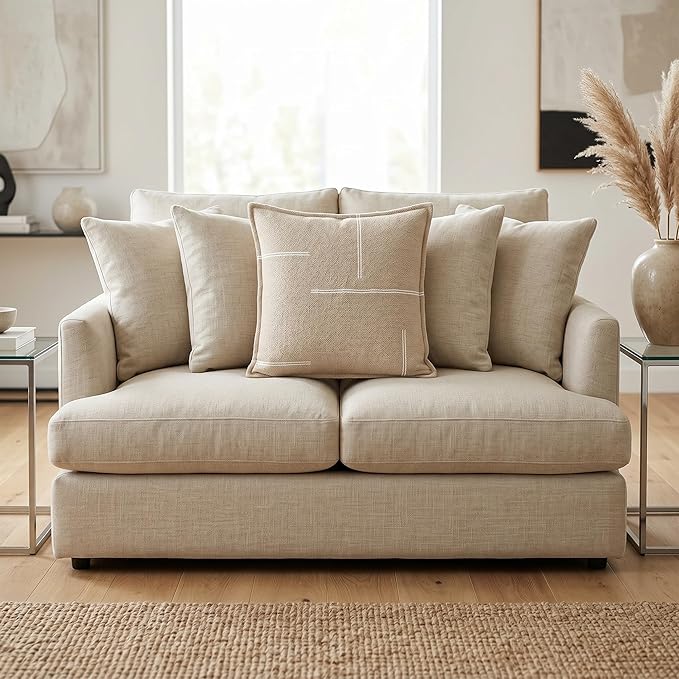 SanVia Cotton Throw Pillow Covers 20x20 – Handwoven Jacquard Texture, Fade-Resistant, No Pilling – Hidden Zipper, Decorative Cushion Cover for Sofa, Couch, Bed – Insert Not Included (Modern, Beige)