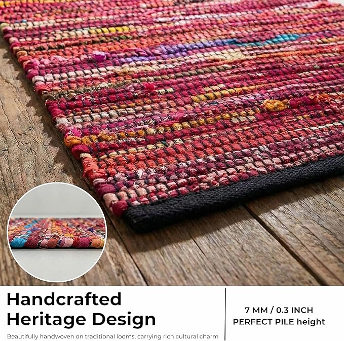Ramanta Home Cotton Chindi Hand Woven Rug - 2x3 ft Multi Color, Reversible Area Rugs for Indoor, Outdoor, Living Room, Kitchen, Entryway | Boho Door Mat for Home Decor - 24x36 Inches