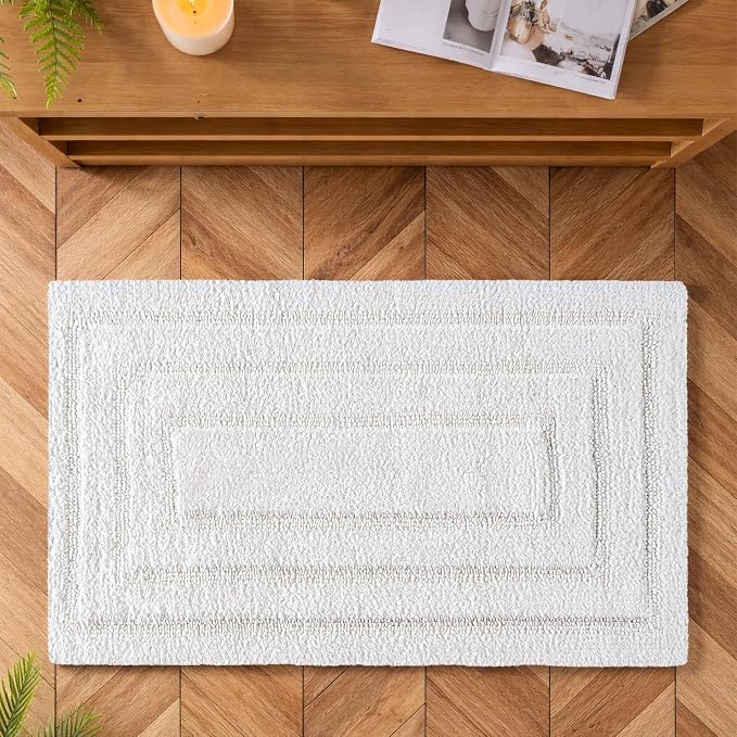 Bedding Craft Cotton Bath Mat Rug 21x34, Reversible Bathroom Rug, Water Absorbent, Machine Washable, Soft Cloth Bathmat for Outside Bathtub, Off White