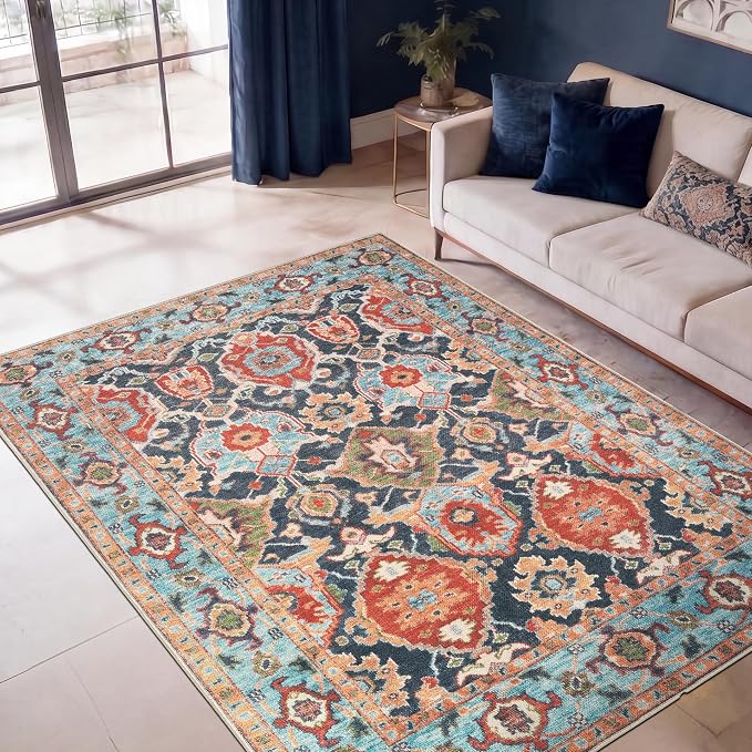 Keen Home Design 5x7 Rug - Machine Washable Area Rug with Non-Slip Backing, Ideal for Living Room, Dining Room, Bedroom - Vintage, Easy Clean, Durable, Low Pile Rug - (5' x 7')