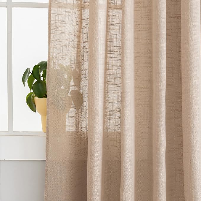 Sheer Curtains - Light Filtering, Machine Washable Tab Top Drapes for Living Room Bedroom (Tan, 52" W x 84" L, Pack of 2)