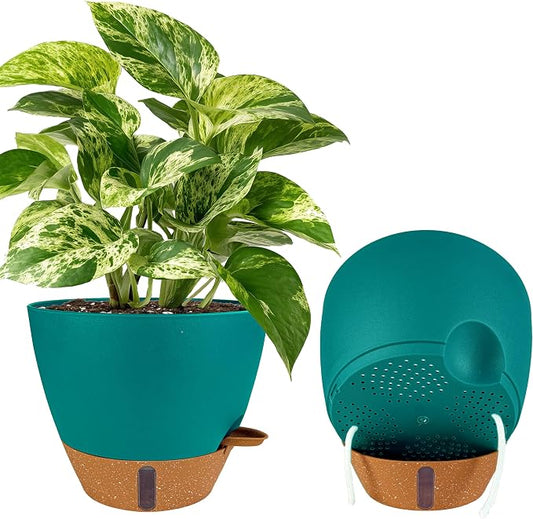 2 Pack 10 inch Plant Pots, Plastic Self Watering Planters with Drainage Holes, Deep Reservoir, Water Level Indicator, Modern Decorative Flower Pots for Indoor Outdoor Plants (Turquoise)