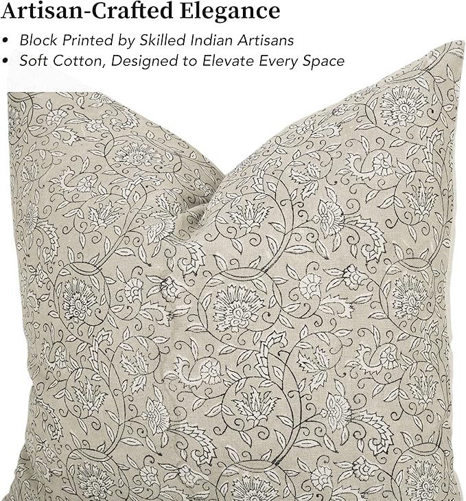 Handmade Block Print 100% Thick Cotton 20 x 20 inch Throw Pillow Cushion Cover with Zipper - Pillowcase for Bedroom, livingroom, Couch, Sofa, Outdoor, Chair, Bed, Home Décor-Lina (Beige)