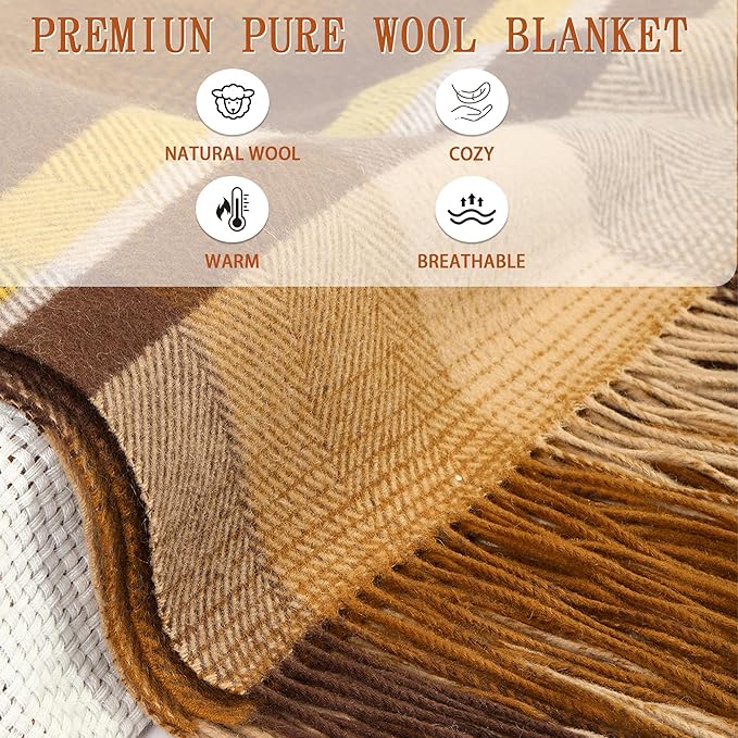 Soft Pure Wool Throw Blanket, Lightweight Warmth, 55"x83", Plaid, Fringe, Compact with Bag, Useful Gift for Women Men, All Season Decorative Cozy Travel Blanket for Couch Bed, Outdoors