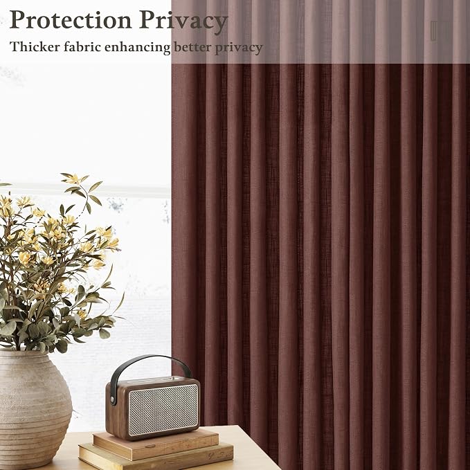 120 Inches Thick Linen Pleated Curtains 2 Panels Extra Long Chestnut Brown Country Light Filtering Drapes with Ceiling Track System Dark Terracotta Back Tab Window Curtain for Living Room Bedroom