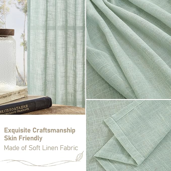 LAMIT Light Sage Linen Curtains 72 inch Length for Bedroom, Faux Linen Textured Light Filtering Drapes Back Tab and Rod Pocket Boho Panels for Farmhouse/Living Room, 2 Panels, 52 x 72 Inch