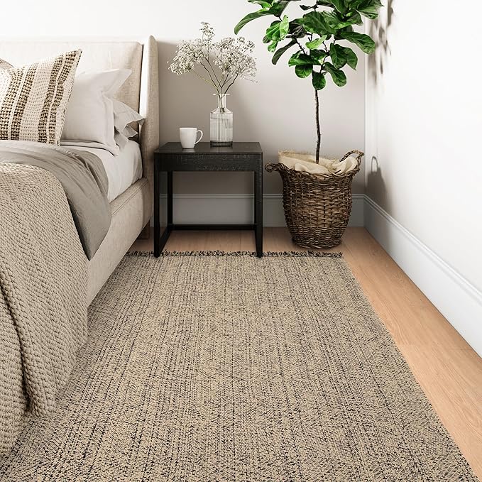 Collive 4x6 Area Rug, Natural/Black Woven Cotton Washable Modern Bedroom Rugs, Boho Dining Room Door Rug Carpet with Tassel for Living Room Nursery Room Office, Outdoor Rug for Patio Hallway Decor
