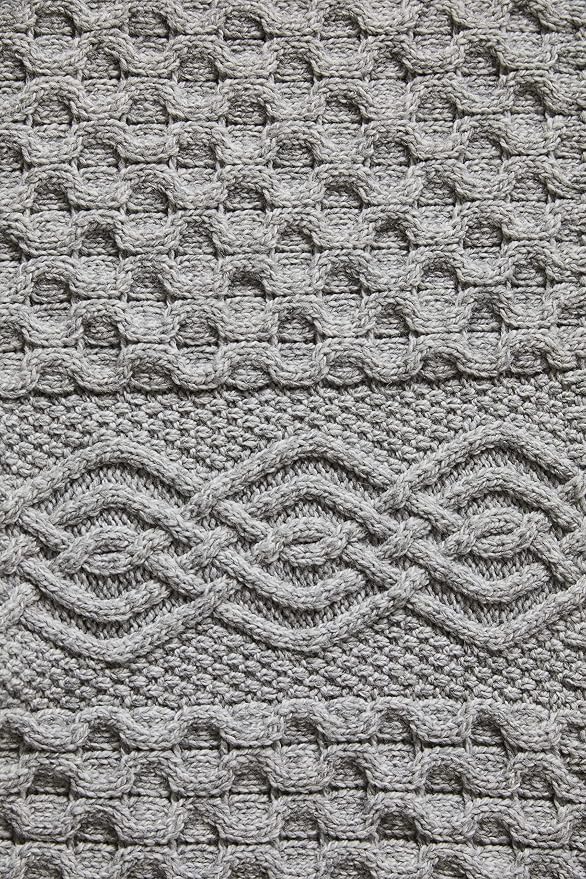 SAOL Honeycomb and Cable Knit Patterns 100% Irish Merino Wool Aran Throw/Blanket in Natural/Green Color 60 x 40 inches (Grey)