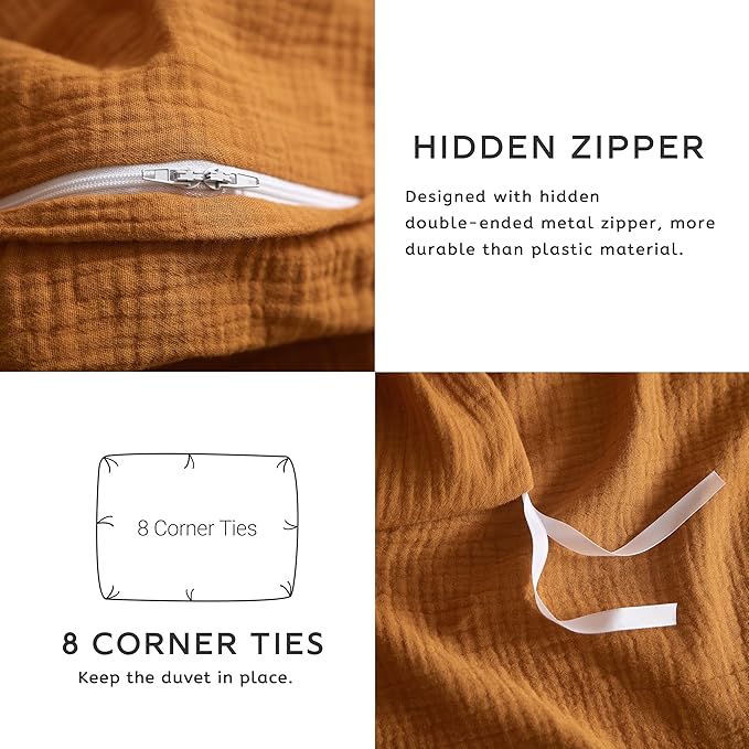 SE SOFTEXLY Muslin Duvet Cover King Size, 100% Washed Cotton Duvet Cover Set, Ultra Soft Comforter Cover Linen Like, 3 Pieces Minimalist Gauze Duvet Cover with 2 Pillowcases, 90"x104", Pumpkin