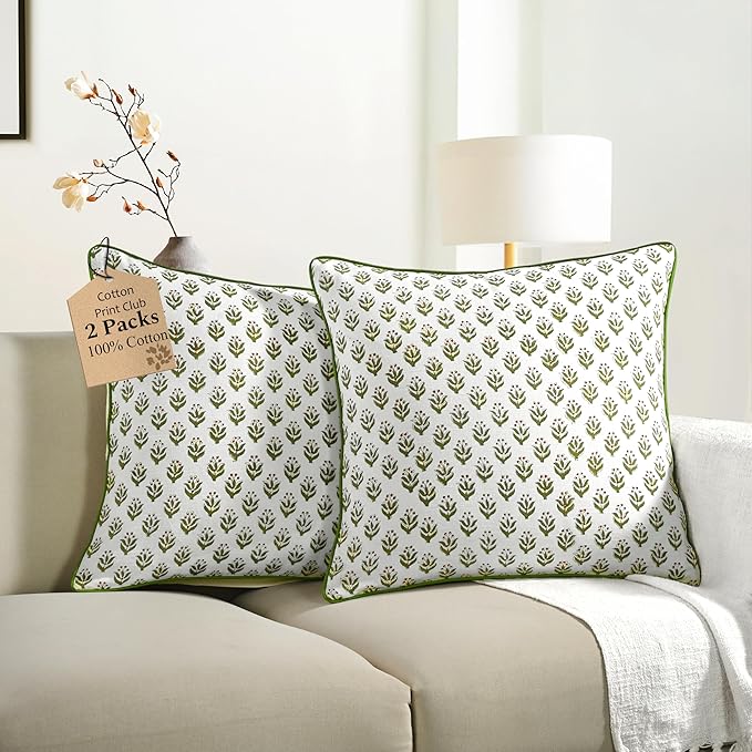 CPC Throw Piping Pillow Covers for Couch, 24x24 Inch Pillows for Living Room, 100% Cotton Boho Cute Outdoor Pillows, Flower Cushion Covers Gift for Spring, Easter - Bohemian Meadow