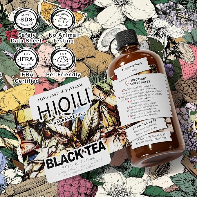 HIQILI Black Tea Fragrance Oil for Diffuser, Car Air Freshener - 5.07 Fl Oz | Long-Lasting Hotel Scent, Candle & Soap Making Supplies, Pet Safe, Graduated Dropper Included