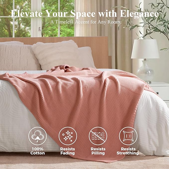 100% Cotton Cable Knit Throw Blanket, Lightweight Soft Knit Blanket for Sofa Couch Bed, Breathable All-Season Throw, Cozy Decorative Blanket, 50 x 60 Inch,Pink