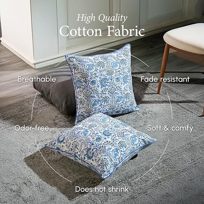 CPC 100% Cotton Throw Pillow Covers 24x24 Inch, Set of 2 Blue Block Print Pattern Couch Pillow, Cute Boho Decorative Pillows for Living Room, Bedroom with Hidden Zipper- Indigo Blue