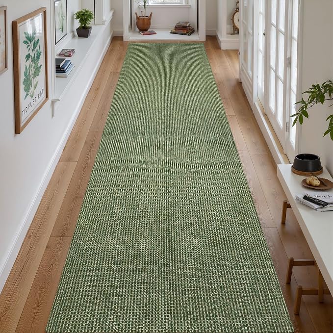 Uphome Kitchen Runner Rug, 2'6x12 Washable Boho Rug Runners for Hallways Non Slip, Low Pile Woven Cotton Modern Carpet Runners, Stain Resistant Bedroom Runner Rug for Hallway Entryway Entrance, Green