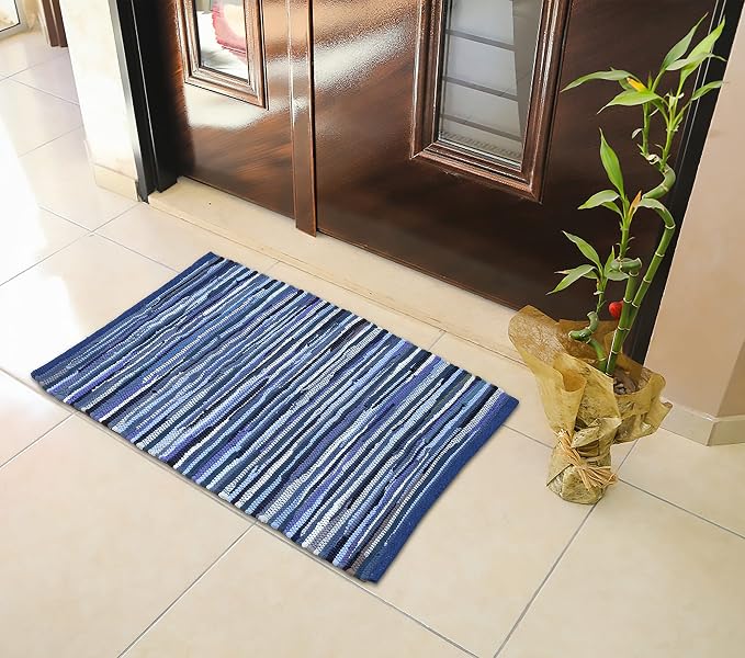 Bedding Craft Hand Made Woven Tonal Chindi 24x36 Inch Rectangle Area, Reversible Farmhouse, Braided Chindi Cotton - Blue Multi