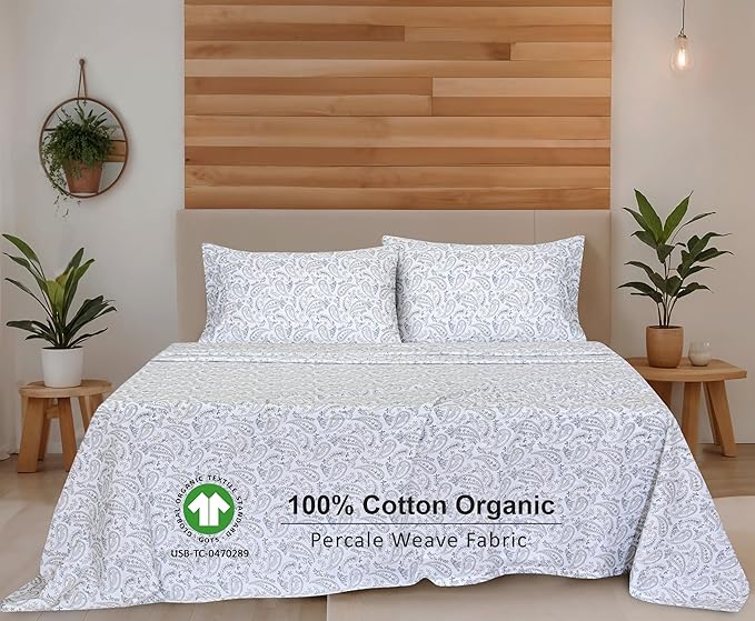 RUVANTI 100% Cotton Organic Percale Sheets Queen Size – Crisp Cooling Bed Sheets for Hot Sleepers, Deep Pocket 15”, Soft Peach Finish, Breathable & Durable Hotel-Style 4 Pcs, Ornate Oasis