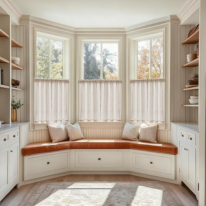 48 Inch Linen Small Window Curtains 2 Panels for Bedroom Bathroom Rod Pocket Privacy Semi Sheer Light Filtering Window Treatments Light Coffee Tan Beige Farmhouse Rustic Door Curtain W34xL48