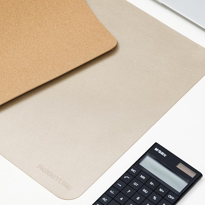 RENMTURE Desk Pad, Cork & PU Leather Desk Mat, Large Mouse pad, Non-Slip Desk Protector and Blotter, Waterproof Writing Pad, Desk Accessories and Organizers for Home Office (Golden,32"x16")