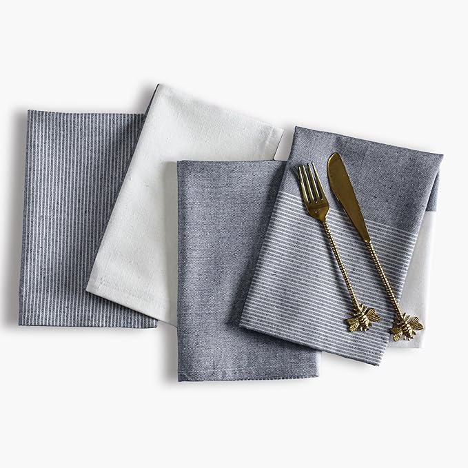 Ramanta Home Cloth Napkins Set of 4 18x18 Inches - Spring Basket Decor Block Striped Dinner Napkins for Easter Farmhouse Wedding, Washable Soft Cotton Durable Table Linen -Everyday Use - Denim Blue