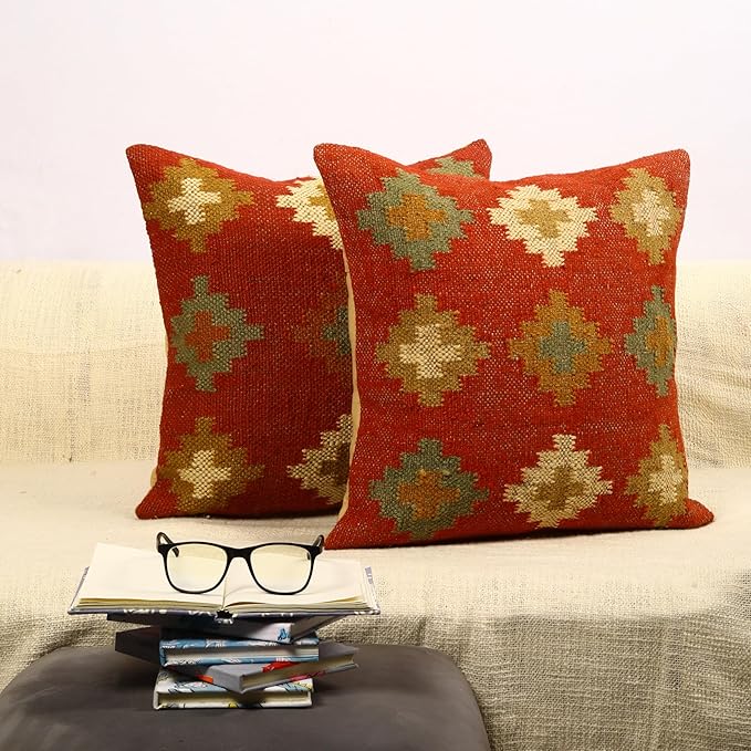 Trade Star Handwoven Pillowcase Set of 2 Throw Pillow Cover 70% Jute 30% Wool Kilim Cushion Cover Beautiful Cushion Case Decorative Authentic Pillow for Outdoor (Kilim 7)