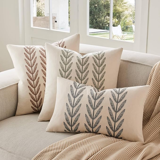 100% Cotton Farmhouse Leaves Throw Pillow Covers Set of 2, 20x20 Inch Green Pastoral Decorative Print Cushion Covers for Sofa Bed Living Room Home Decor