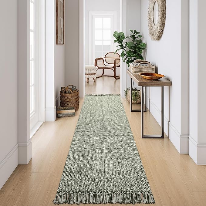 Collive Long Hallway Rug 2.6' x 10' - Washable Indoor Olive Green Cream Braided Woven Kitchen Rugs Low-Profile Door Floor Carpet for Bedroom Doorway