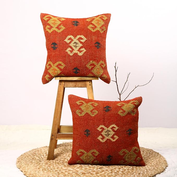 Trade Star 70% Jute 30% Wool Pillow Shams Set of 2 Kilim Cushion Cover Rug Decorative Pillowcase Beautiful Cushion case Handwoven Throw Pillow Covers 18x18 Inches for Home Decor (Kilim 9)
