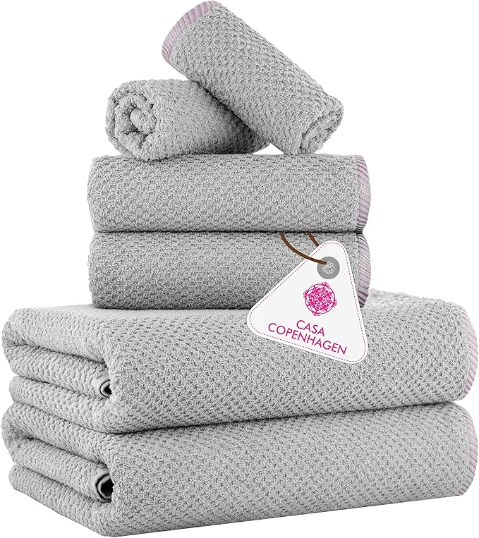CASA COPENHAGEN Popcorn 6Pcs 100% Egyptian Cotton Large Designer Towels Gift Set- Grey Violet, 600GSM, 2Bath 2Hand 2Washcloths, Bath Towels for Bathroom Set for Women & Men