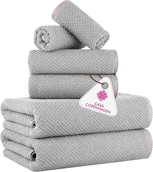 CASA COPENHAGEN Popcorn 6Pcs 100% Egyptian Cotton Large Designer Towels Gift Set- Grey Violet, 600GSM, 2Bath 2Hand 2Washcloths, Bath Towels for Bathroom Set for Women & Men