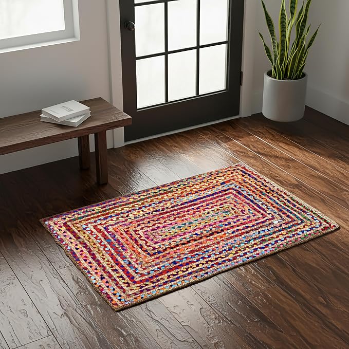 THE BEER VALLEY Jute Cotton Braided Rug 2x3 Feet - Multi | Farmhouse Handwoven Boho Indoor/Outdoor Floor Rugs for Entryway, Kitchen, Nursery - Reversible Small Door Mat for Home Décor