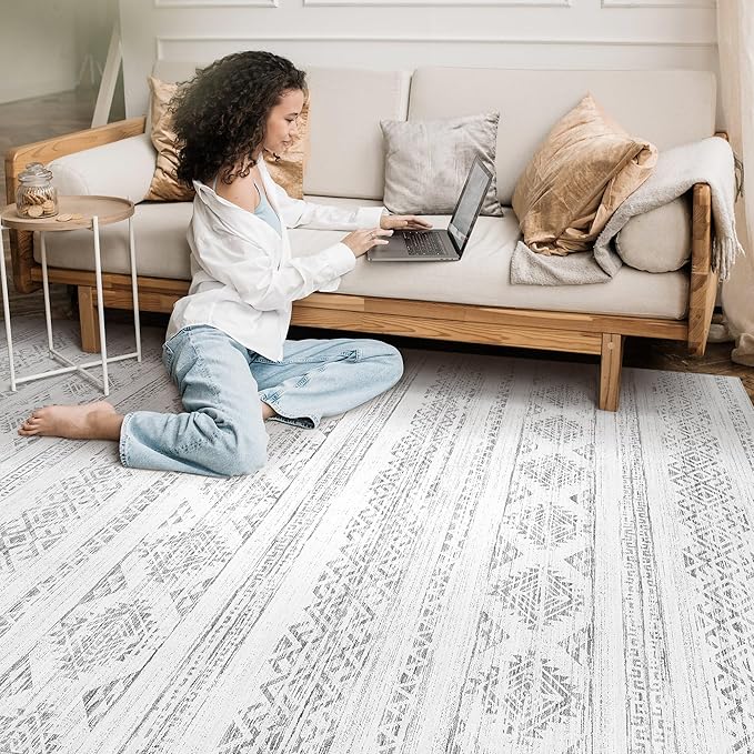Tortania Area Rug Living Room Rugs - 10x12 Washable Large Soft Neutral Boho Moroccan Bohemian Farmhouse Rug Indoor Floor Carpet for Bedroom Under Dining Table Home Office Decor - Ivory Gray