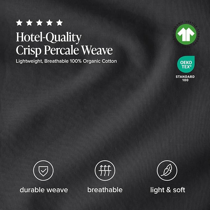 Bare Home 100% Organic Cotton Queen Sheet Set - Crisp Percale Weave - Lightweight & Breathable - Bedding Sheets & Pillowcases (Queen, Black)