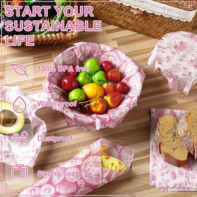 Tigeen 9 Pack Reusable Beeswax Wrap for Food Chinoiserie Beeswax Paper for Sourdough Bread Cheese Paper Wrapping Wax Cloth Food Wraps Bread Sandwich Wrapper 1 XL 3 Medium 5 S(Pink,Chinoiserie)