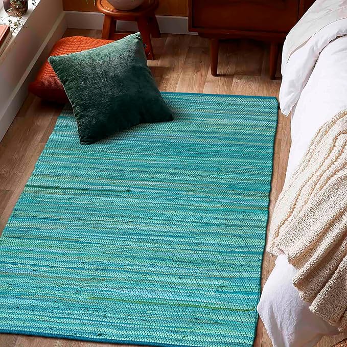 Ramanta Home 100% Cotton Hand Woven Tonal Chindi Rag Rug 3'x5' - Teal, Recycled Reversible Rugs, Boho Rustic Farmhouse Rugs for Living Room, Dinning Room, Kitchen Floor Mats - 36"x60"