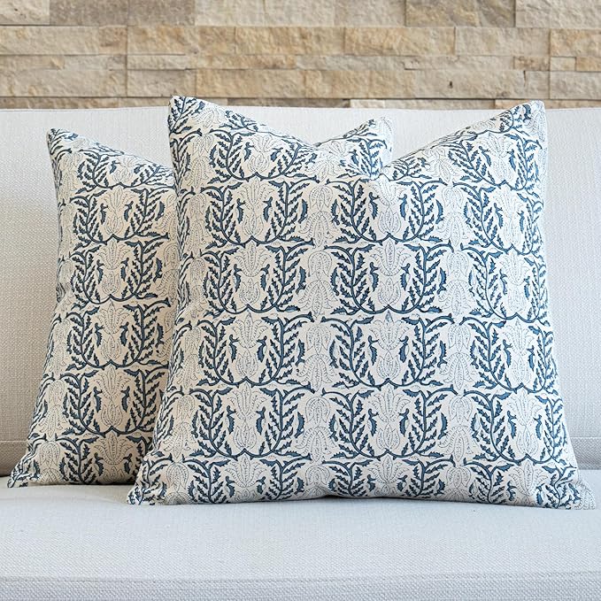 FIOUOVO Floral Throw Pillow Covers 24x24 Set of 2 Block Print Cushion Covers Farmhouse Neutral Accent Decorative Pillow Covers Home Decor for Sofa Couch Living Room Bedroom, Blue