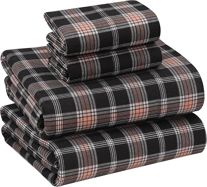 RUVANTI Flannel Sheets Queen Size - 100% Cotton Double Brushed Bed Sheets, Deep Pockets 16 Inches Queen Sheet Set, All Seasons Breathable & Extra Soft - Warm & Cozy, 4 Piece, Peach & Black Plaid