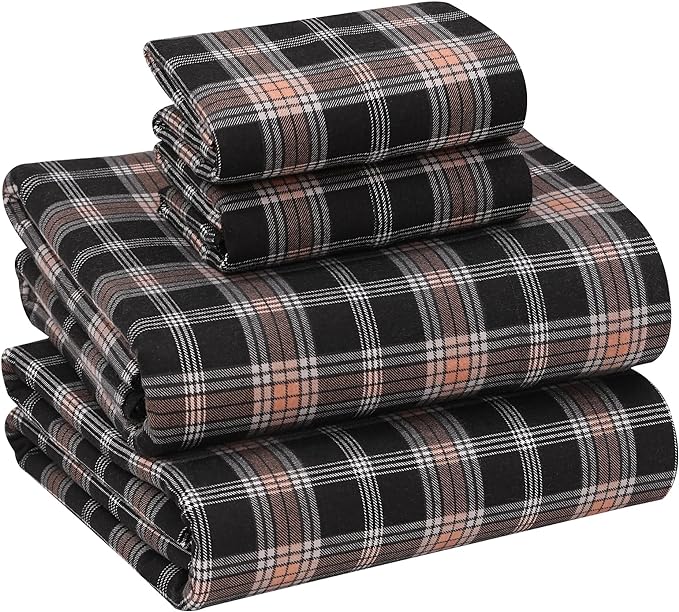 RUVANTI Flannel Sheets Full Size - 100% Cotton Double Brushed Bed Sheets Set, Deep Pockets 16 Inches, All Seasons Breathable & Extra Soft Full Sheets, Warm & Cozy, 4 Piece, Peach & Black Plaid