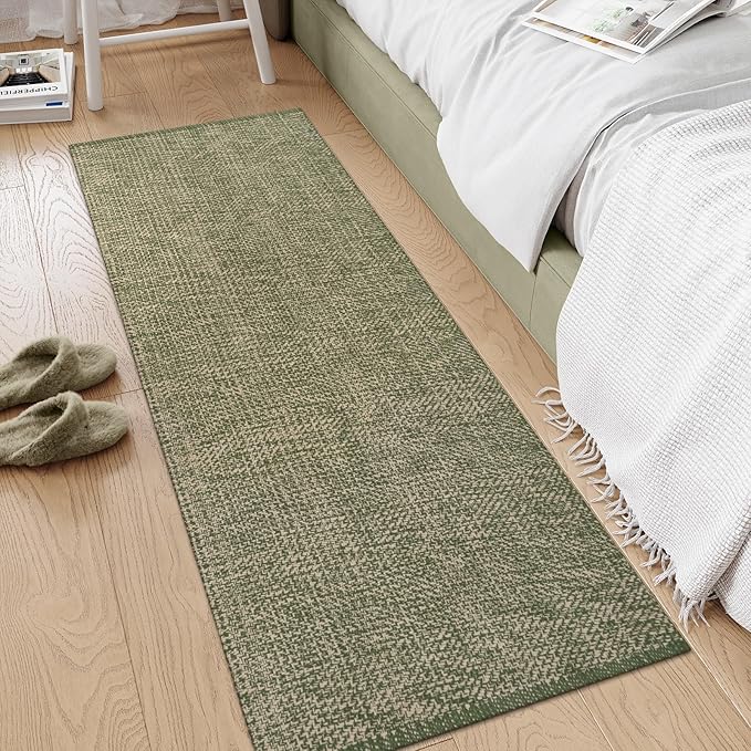 LEEVAN Washable Kitchen Runner Rug 2'x6', Cotton Woven Entryway Rug Reversible Hallway Runners, Modern Bathroom Rugs Farmhouse Kitchen Mat, Long Carpet for Nursery Foyer(Green&Natural)