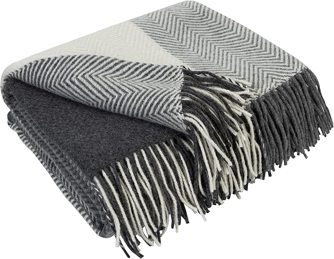 LYHome Merino Wool Blanket - Warm Throw for Cold Weather, Warmest Travel Outdoor Camping Blankets, Picnic Army and Military Throws, Comforter Soft & Cozy (55" x 79" Dark Grey - Grey - White Squares)