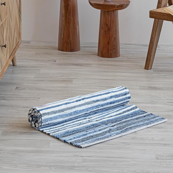 HOMEMONDE Denim Rag Rug 20"x32" Blue Recycled Soft Cotton Chindi Hand Crafted Reversible Boho Rugs for Entyrway, Doormat, Kitchen, Bedroom, Living Room